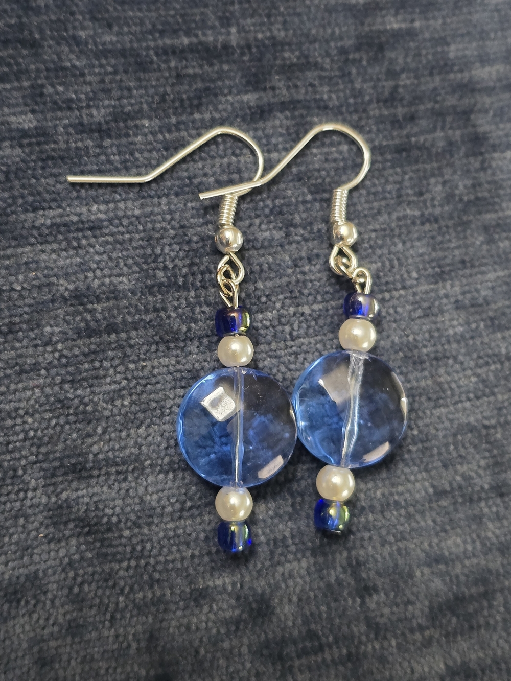 Blue Glass Bead Dangle Earrings with Pearl Accents
